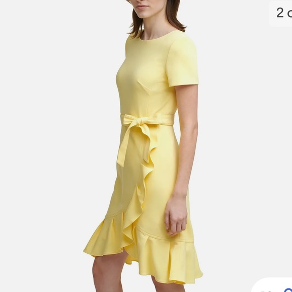 Calvin Klein Women's Yellow Ruffled Tulip-hem Short Sleeve Back Zip Crepe Dress - Picture 4 of 15